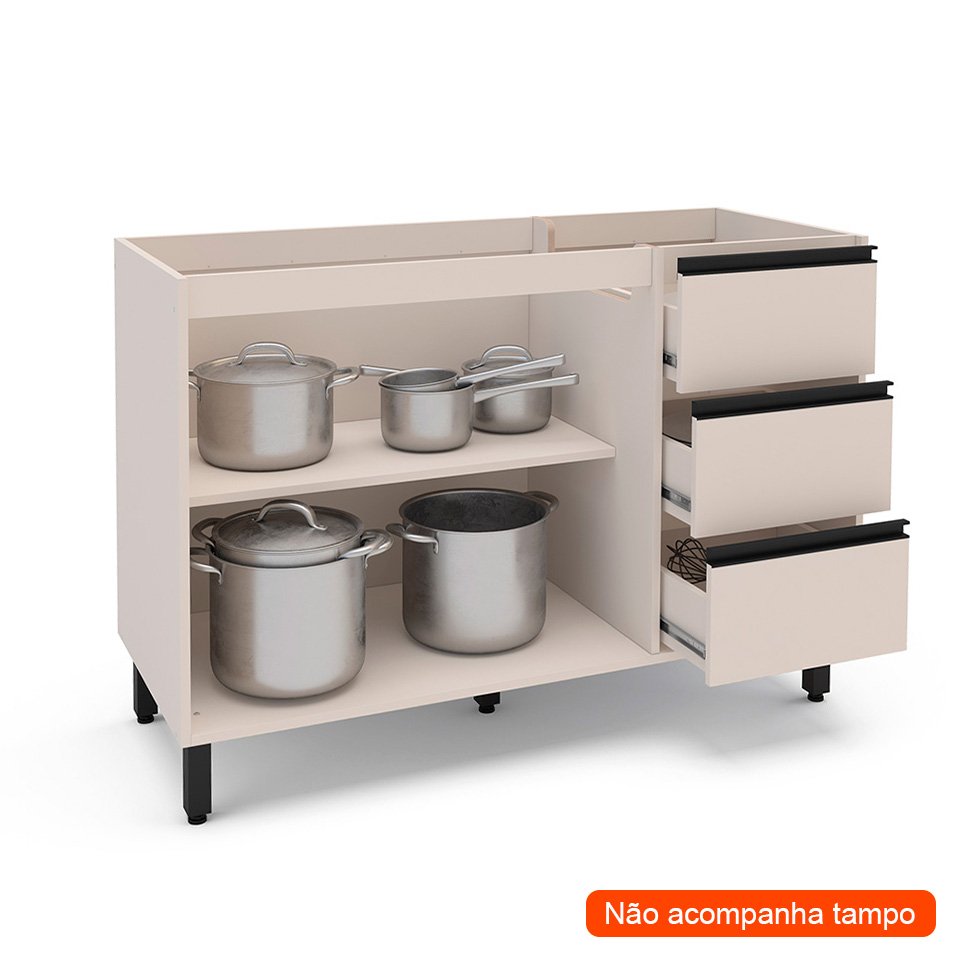 Balcão de Cozinha Koya sem Tampo 2 Portas 3 Gavetas Creme