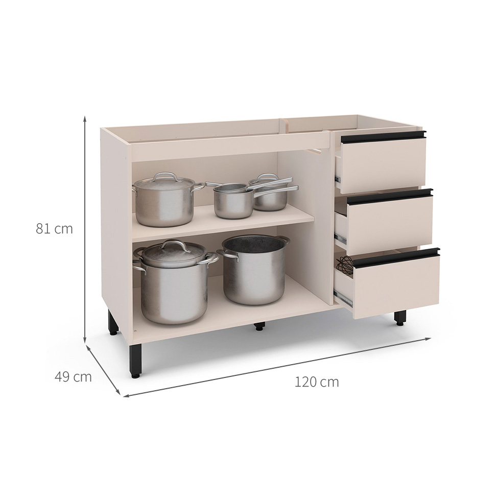 Balcão de Cozinha Koya sem Tampo 2 Portas 3 Gavetas Creme