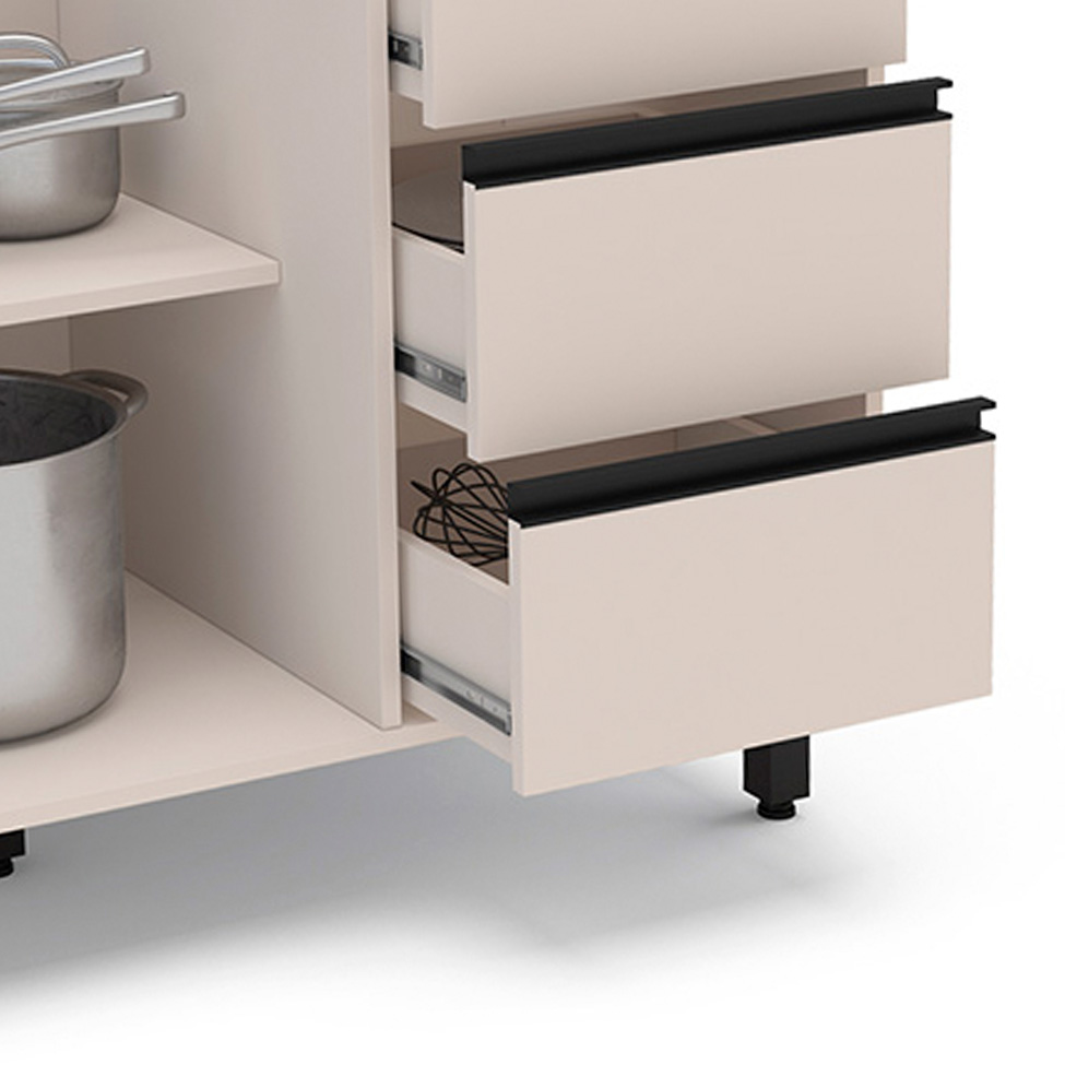 Balcão de Cozinha Koya sem Tampo 2 Portas 3 Gavetas Creme