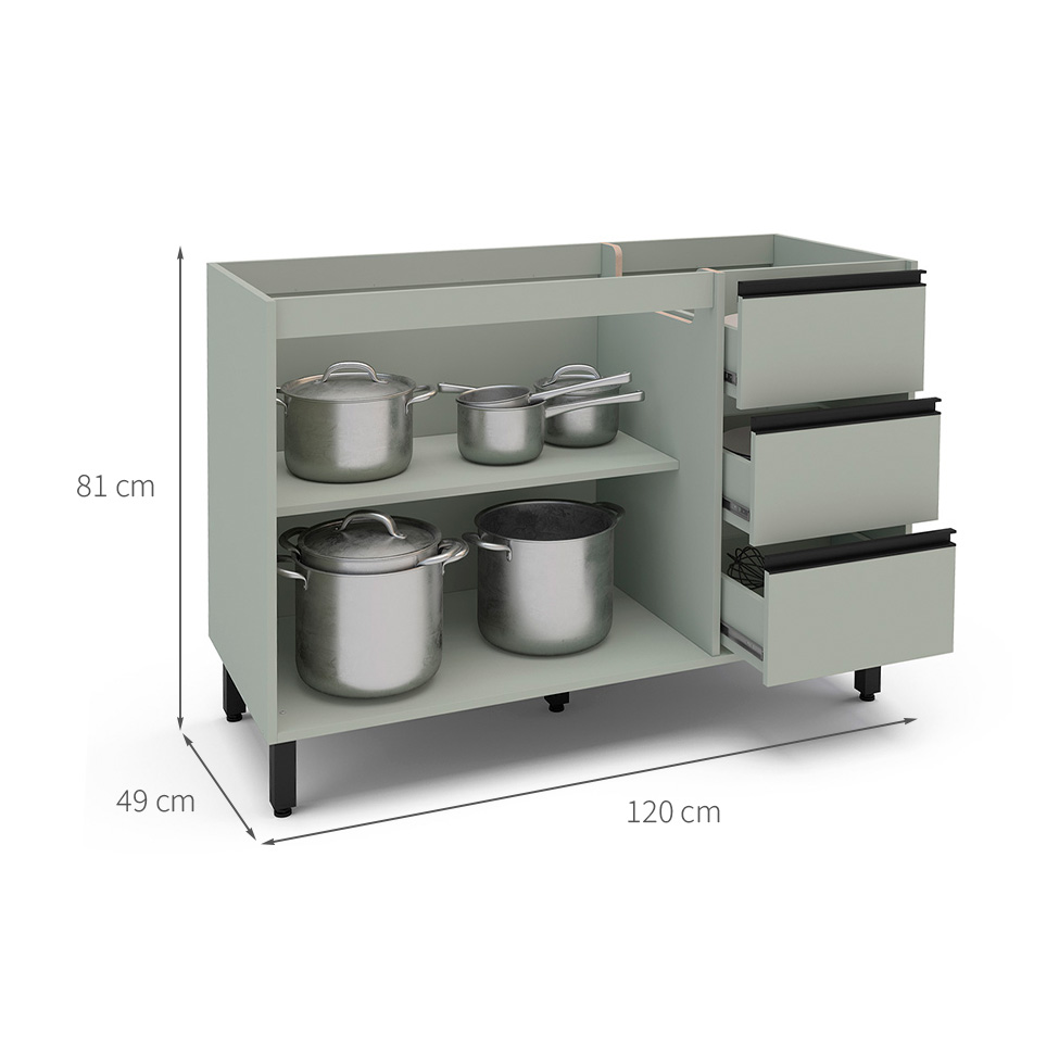 Balcão de Cozinha Koya sem Tampo 2 Portas 3 Gavetas Verde Oliva