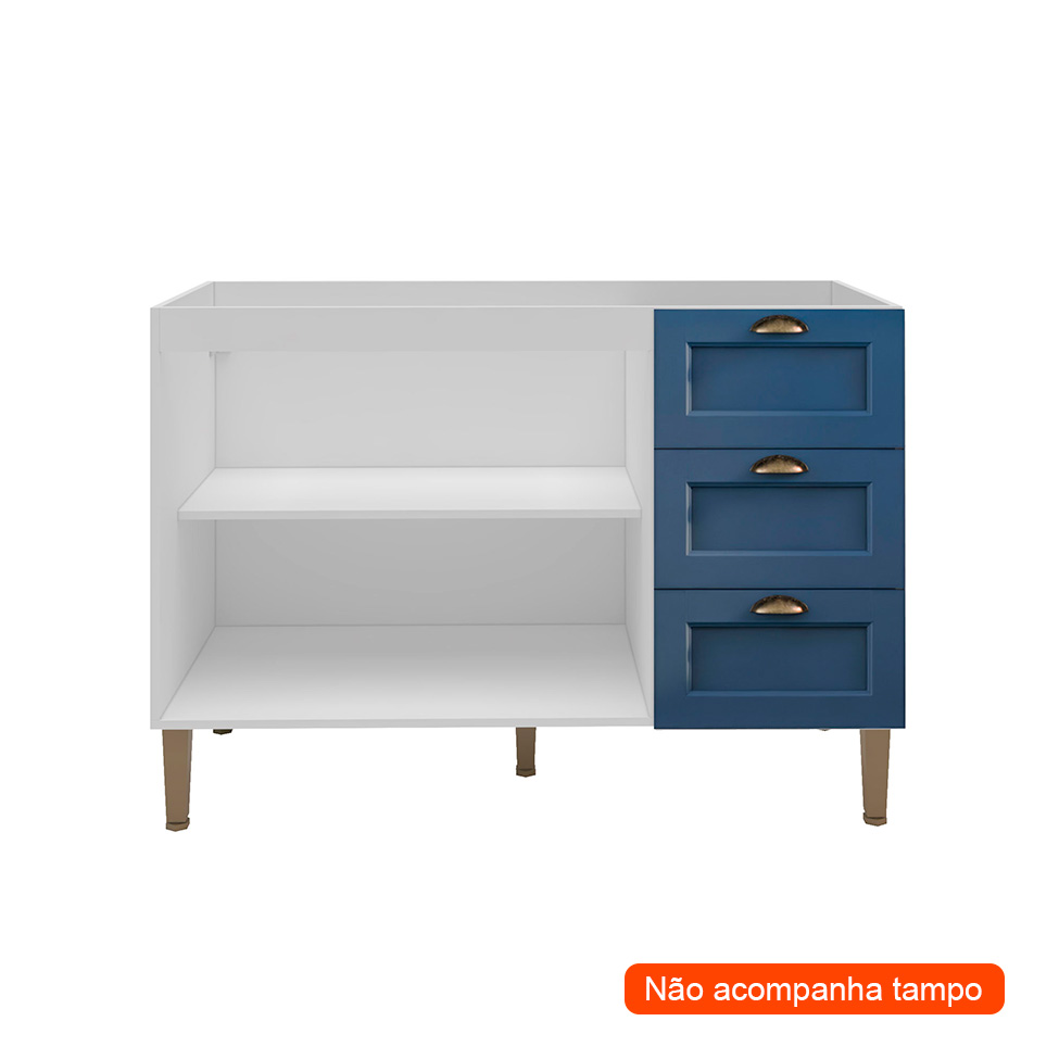 Balcão de Cozinha Lavanda sem Tampo 2 Portas 3 Gavetas Azul e Branco