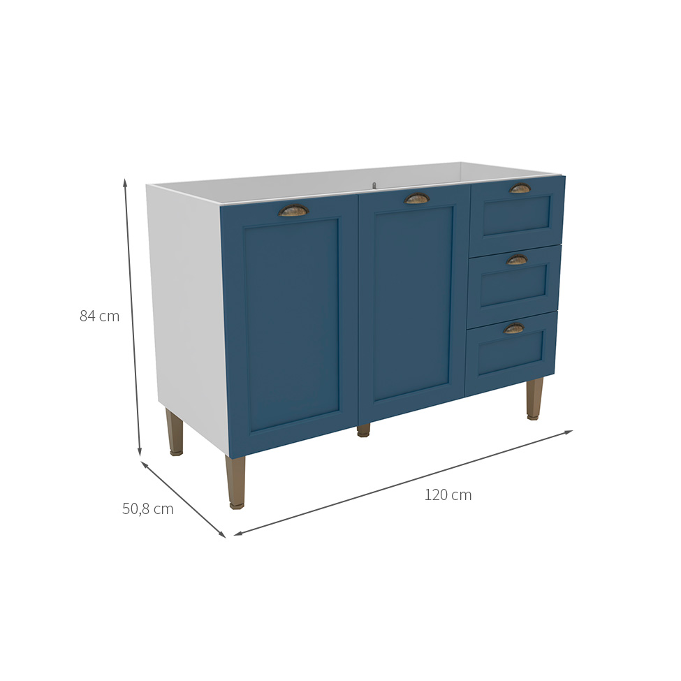 Balcão de Cozinha Lavanda sem Tampo 2 Portas 3 Gavetas Azul e Branco
