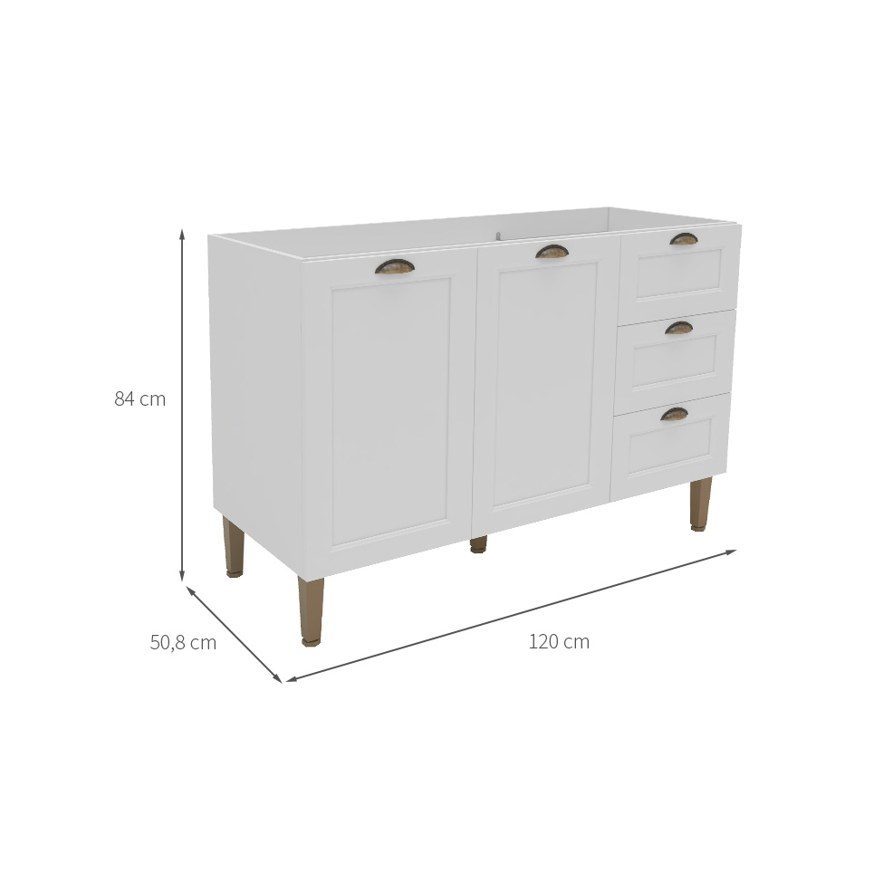 Balcão de Cozinha Lavanda sem Tampo 2 Portas 3 Gavetas Branco