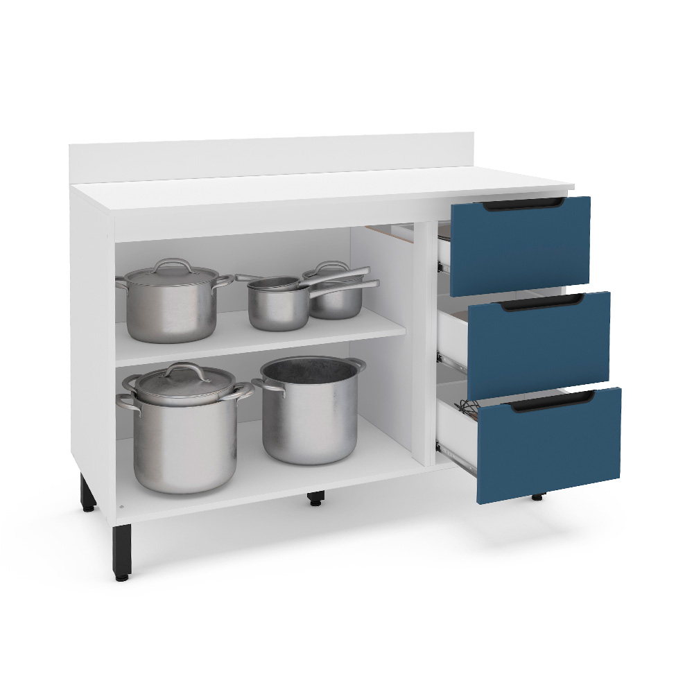 Balcão de Cozinha Meena com Tampo 2 Portas 3 Gavetas Azul e Branco
