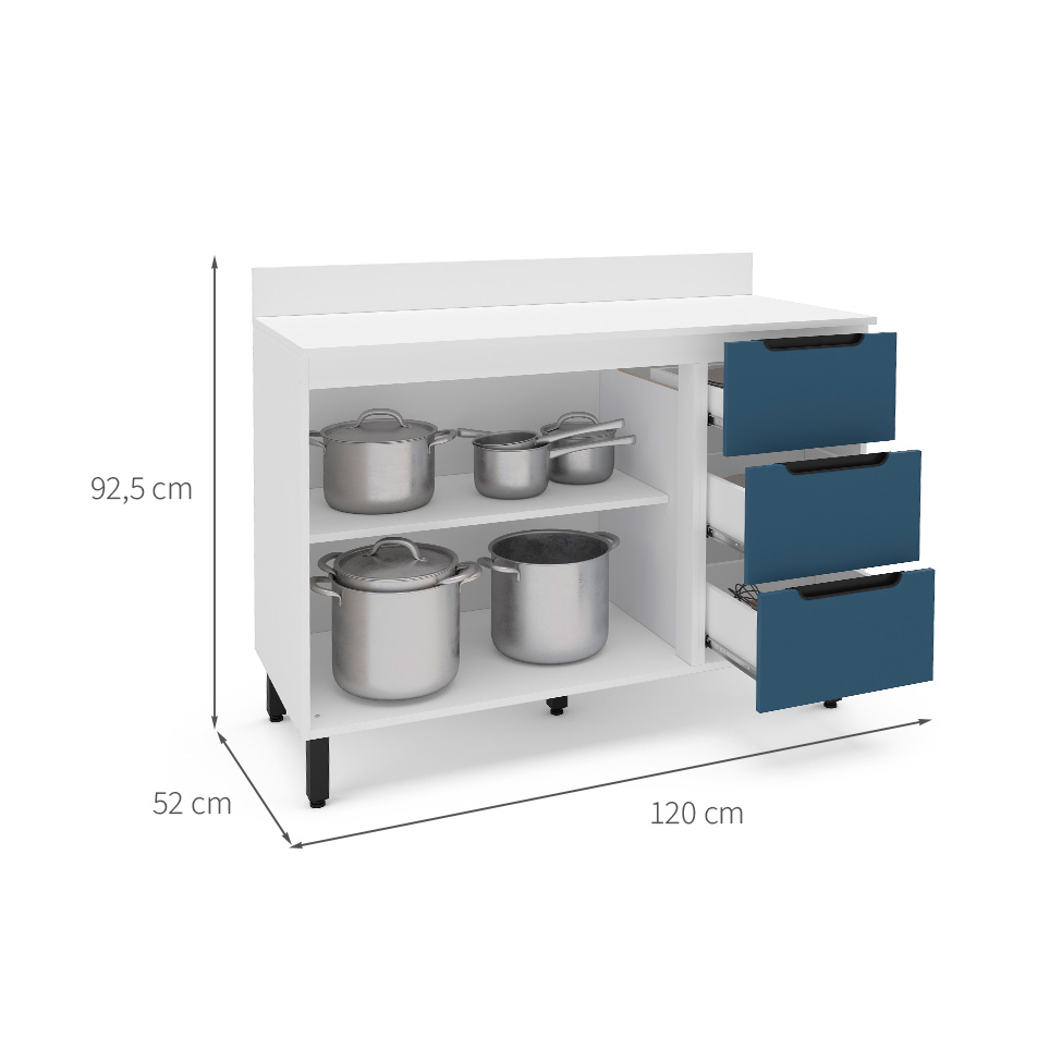Balcão de Cozinha Meena com Tampo 2 Portas 3 Gavetas Azul e Branco