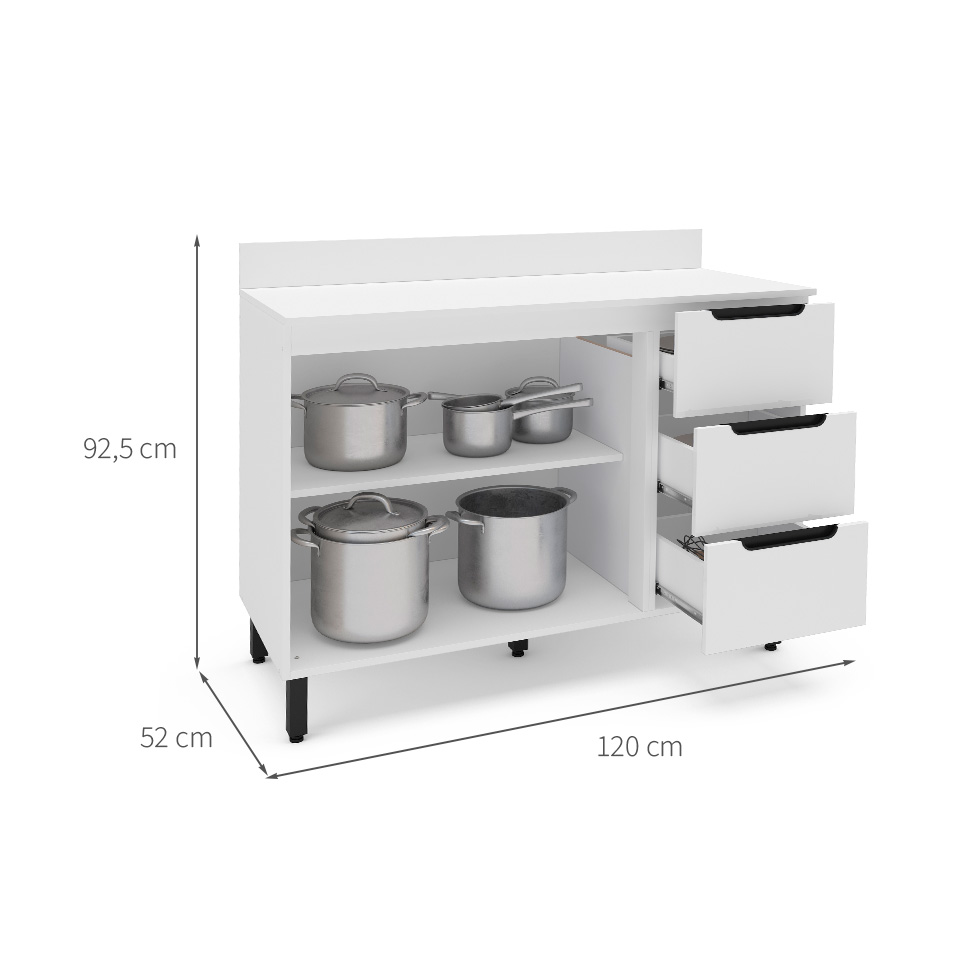 Balcão de Cozinha Meena com Tampo 2 Portas 3 Gavetas Branco