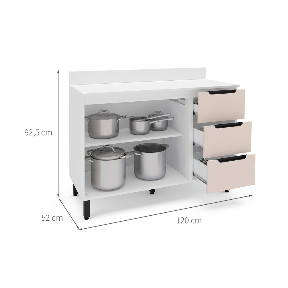 Balcão de Cozinha Meena com Tampo 2 Portas 3 Gavetas Creme e Branco