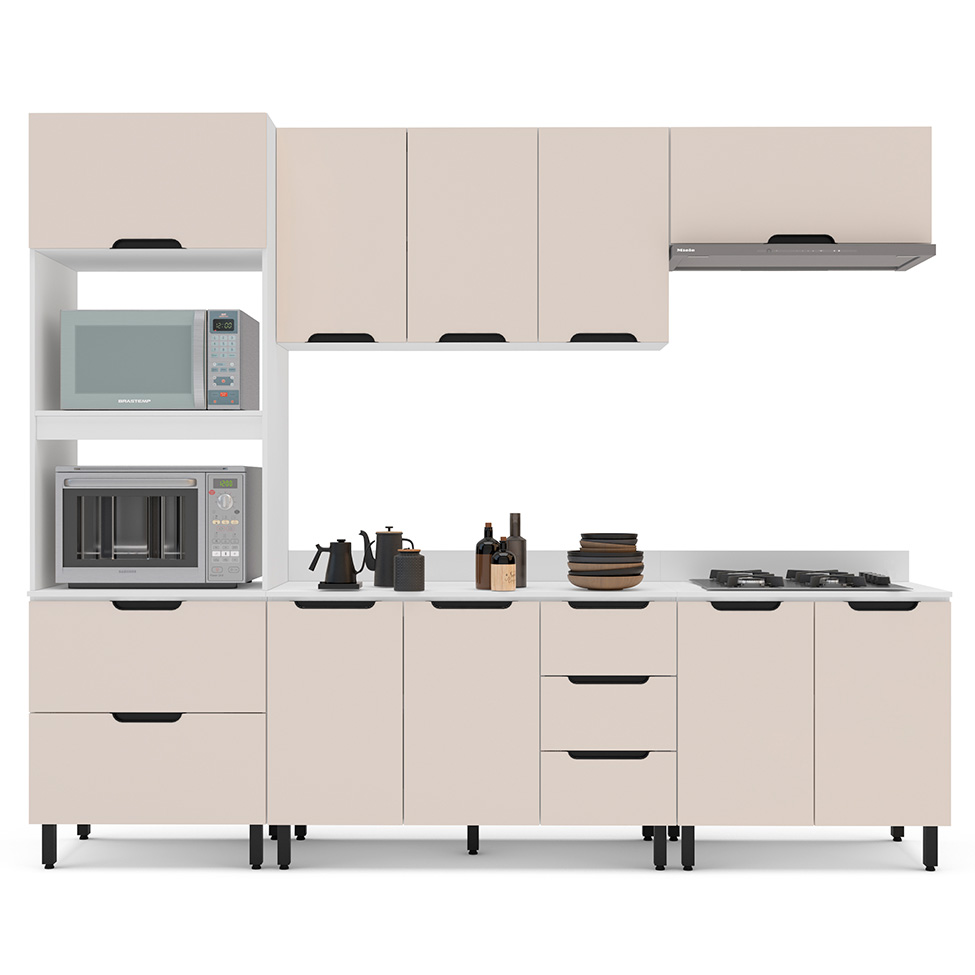 Balcão de Cozinha Meena com Tampo 2 Portas 3 Gavetas Creme e Branco