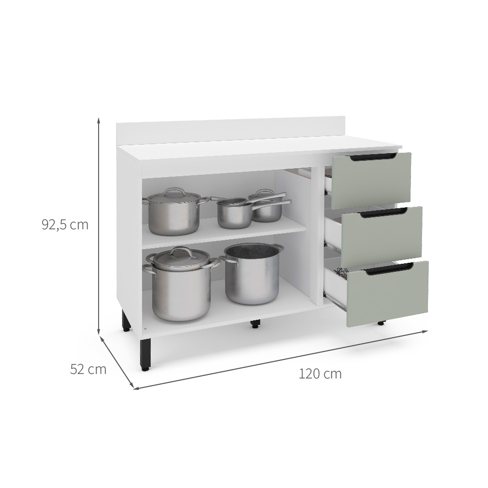 Balcão de Cozinha Meena com Tampo 2 Portas 3 Gavetas Verde e Branco
