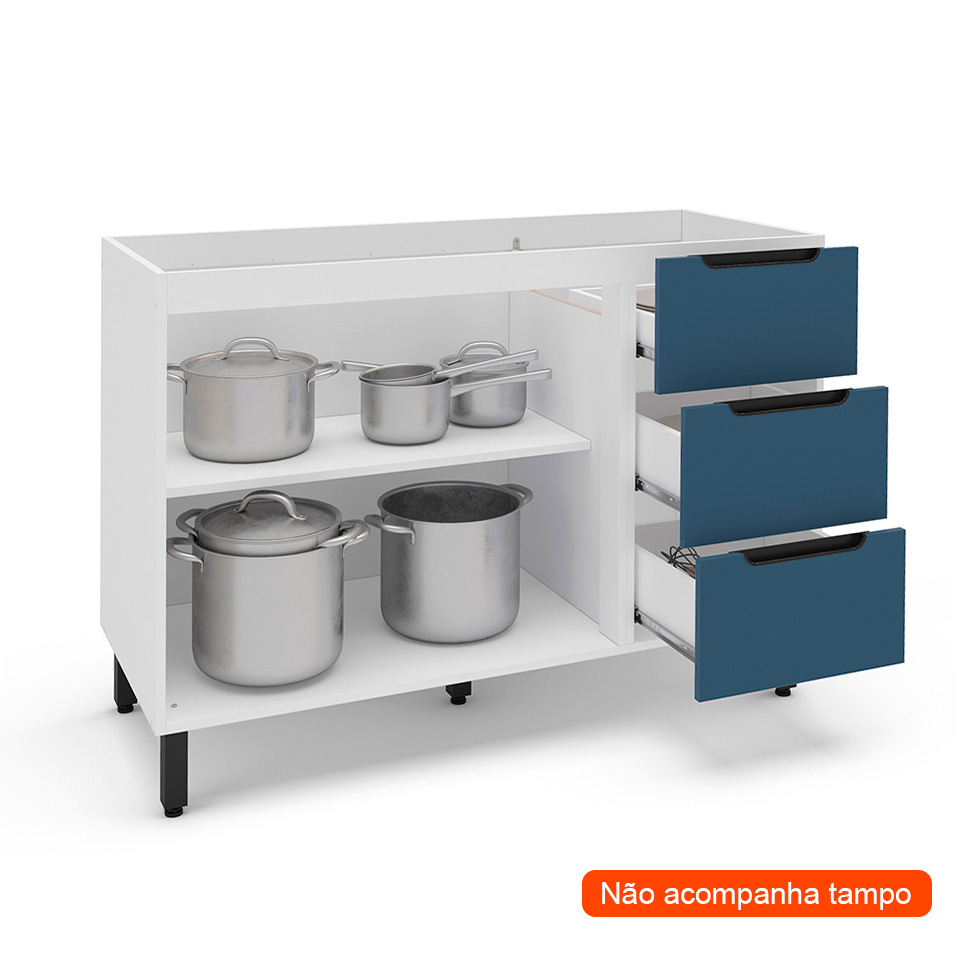Balcão de Cozinha Meena sem Tampo 2 Portas 3 Gavetas Azul e Branco