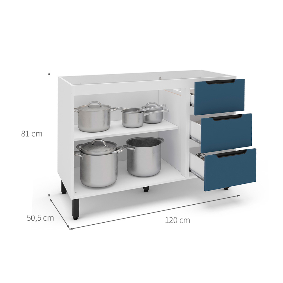 Balcão de Cozinha Meena sem Tampo 2 Portas 3 Gavetas Azul e Branco