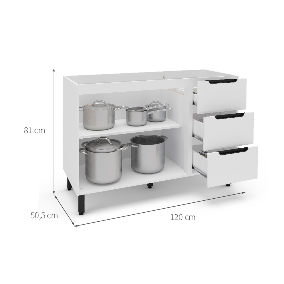 Balcão de Cozinha Meena sem Tampo 2 Portas 3 Gavetas Branco