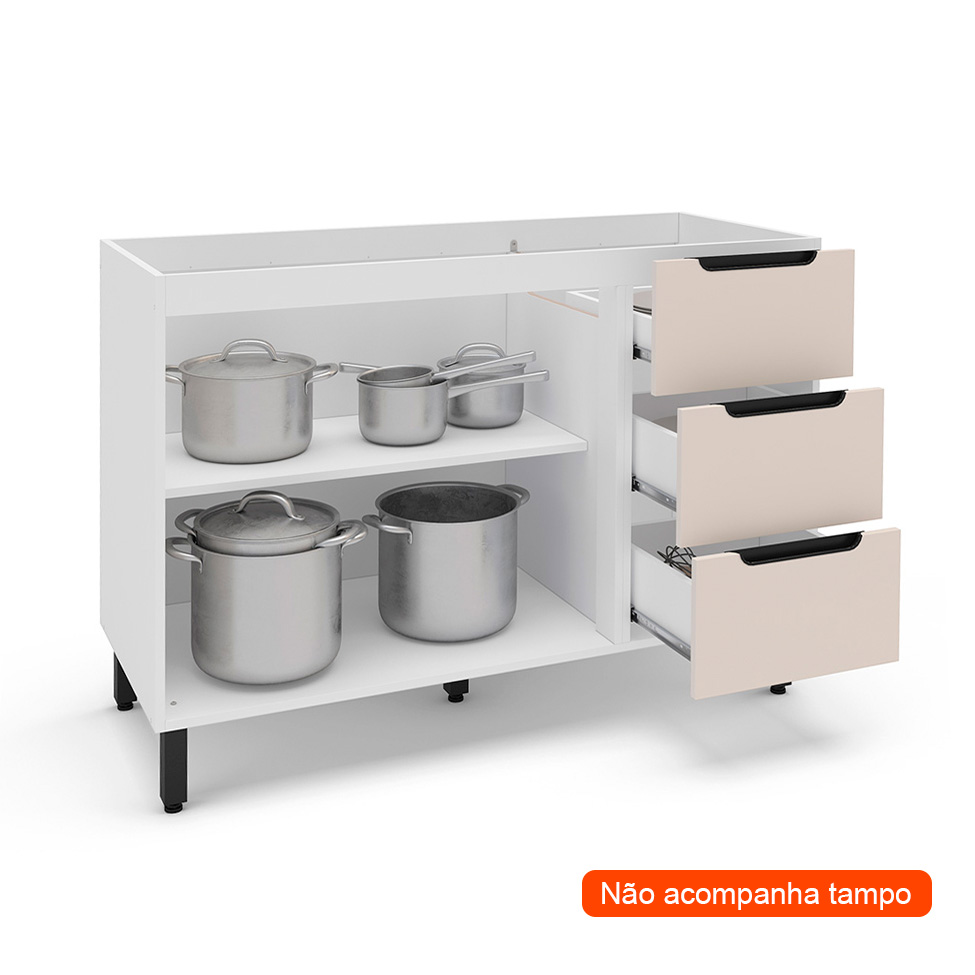 Balcão de Cozinha Meena sem Tampo 2 Portas 3 Gavetas Creme e Branco