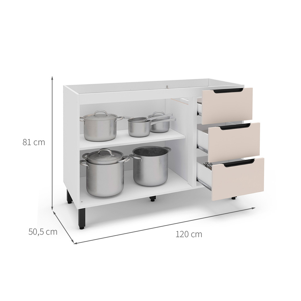 Balcão de Cozinha Meena sem Tampo 2 Portas 3 Gavetas Creme e Branco