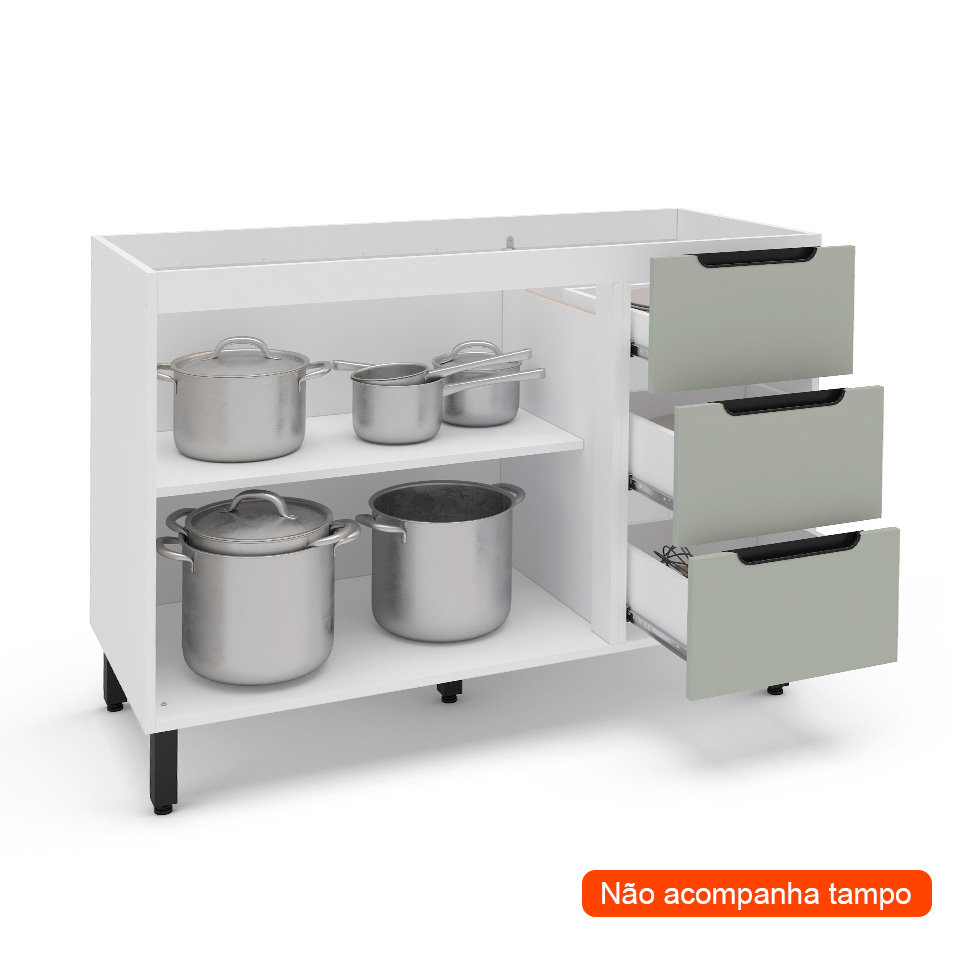 Balcão de Cozinha Meena sem Tampo 2 Portas 3 Gavetas Verde e Branco