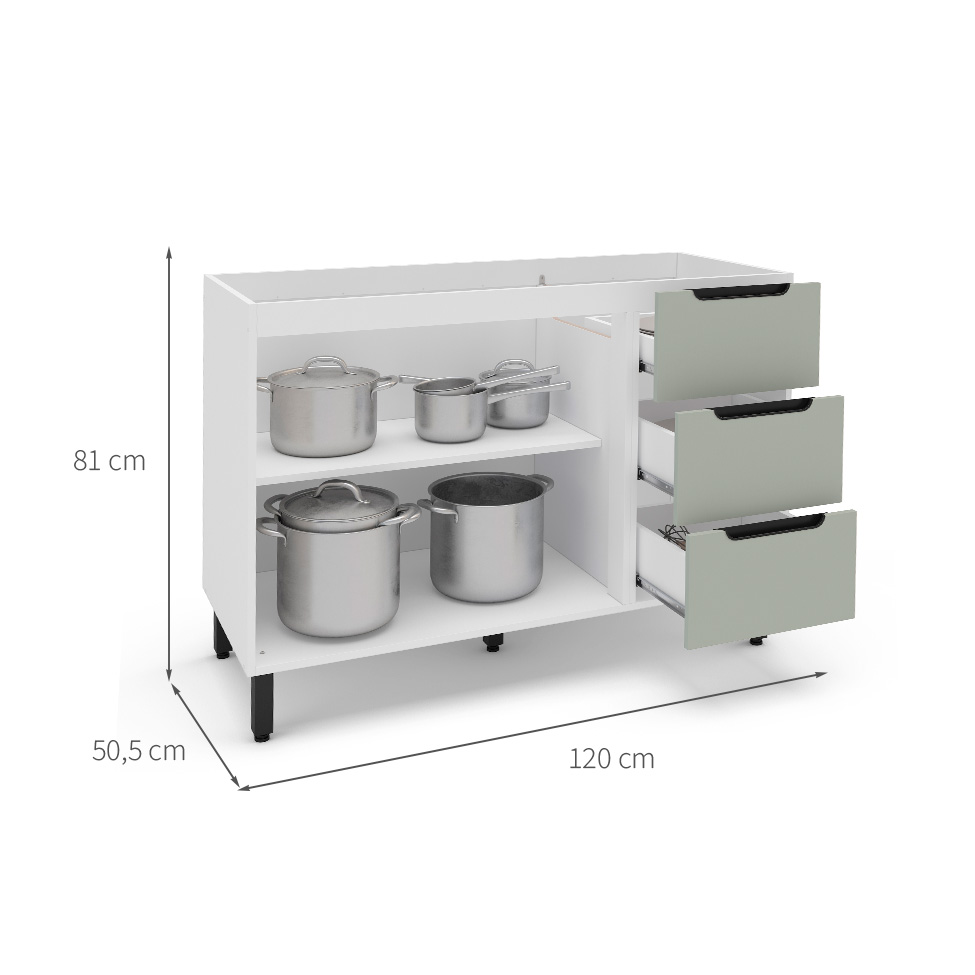 Balcão de Cozinha Meena sem Tampo 2 Portas 3 Gavetas Verde e Branco