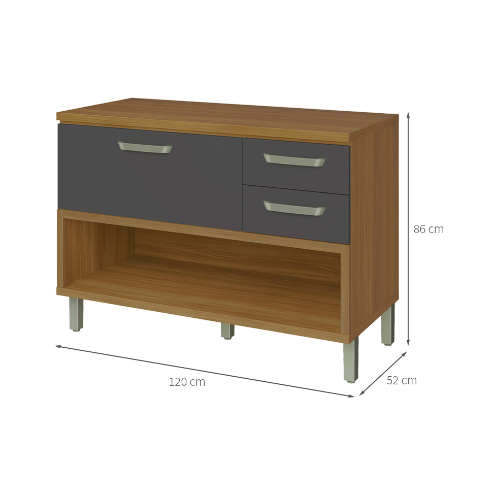 Balcão de Cozinha Princesa com Tampo 1 Porta 2 Gavetas Freijó e Grafite