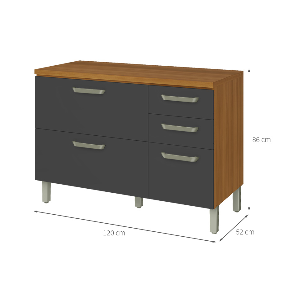 Balcão de Cozinha Princesa com Tampo 2 Portas 3 Gavetas Freijó e Grafite