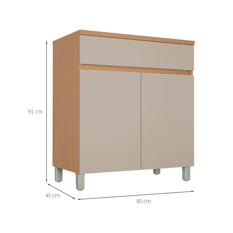 Balcão de Cozinha Realeza Premium com Tampo 2 Portas 1 Gaveta Carvalho e Greige