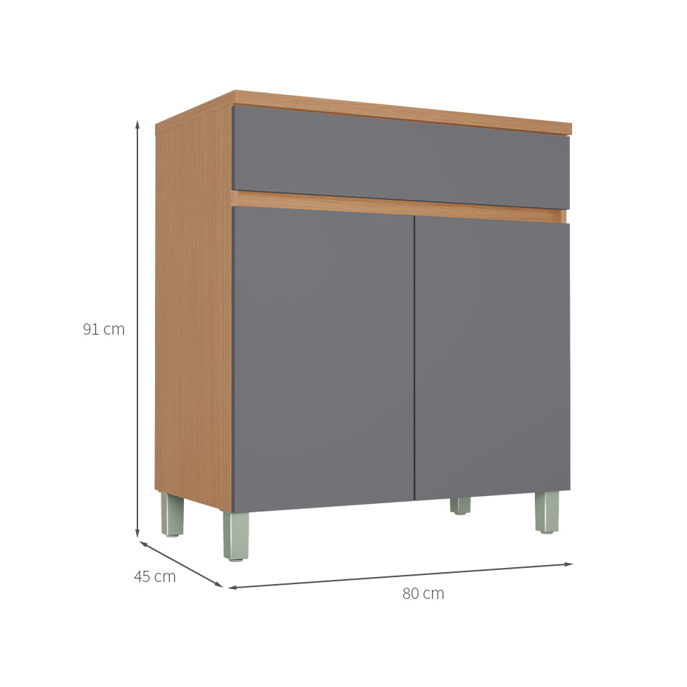 Balcão de Cozinha Realeza Premium com Tampo 2 Portas 1 Gaveta Carvalho e Titânio