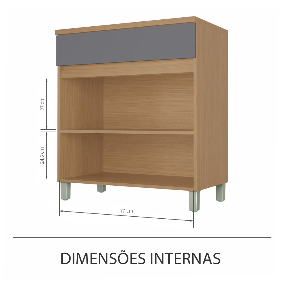 Balcão de Cozinha Realeza Premium com Tampo 2 Portas 1 Gaveta Carvalho e Titânio
