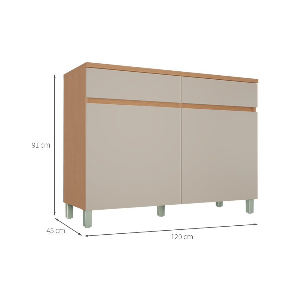 Balcão de Cozinha Realeza Premium com Tampo 2 Portas 2 Gavetas Carvalho e Greige