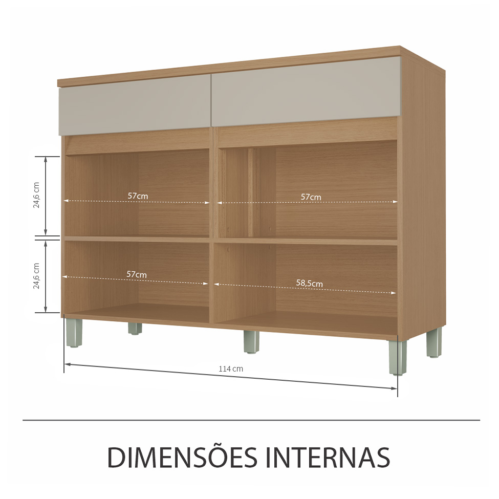 Balcão de Cozinha Realeza Premium com Tampo 2 Portas 2 Gavetas Carvalho e Greige