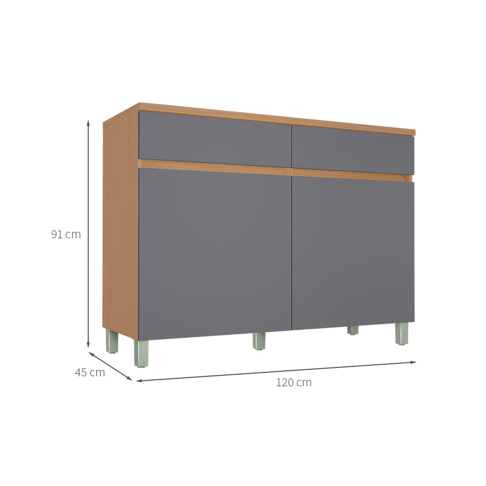 Balcão de Cozinha Realeza Premium com Tampo 2 Portas 2 Gavetas Carvalho e Titânio