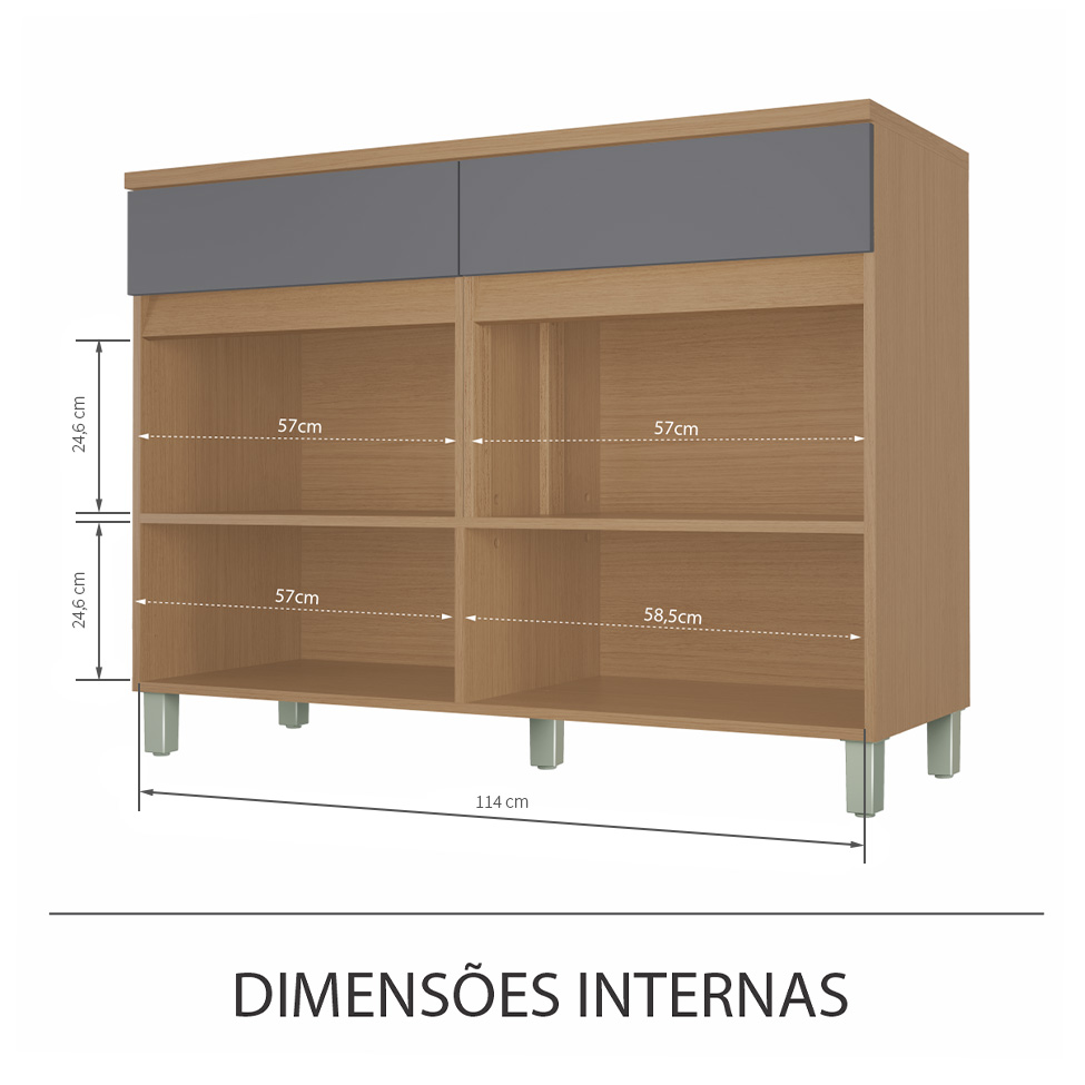 Balcão de Cozinha Realeza Premium com Tampo 2 Portas 2 Gavetas Carvalho e Titânio