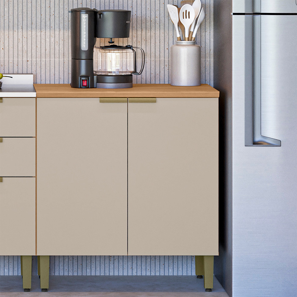 Balcão de Cozinha Selene com Tampo 2 Portas Off White e Jequitibá