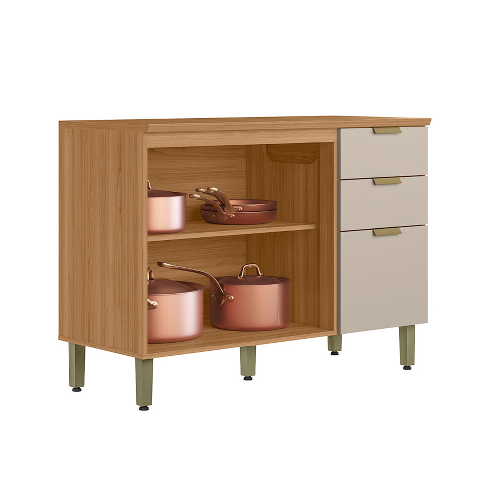 Balcão de Cozinha Selene com Tampo 3 Portas 1 Gaveta Off White e Jequtibá