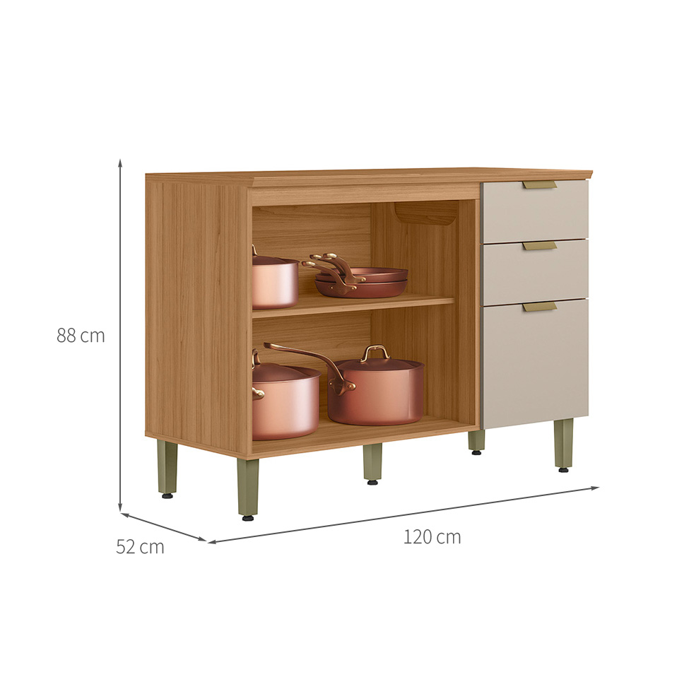 Balcão de Cozinha Selene com Tampo 3 Portas 1 Gaveta Off White e Jequtibá