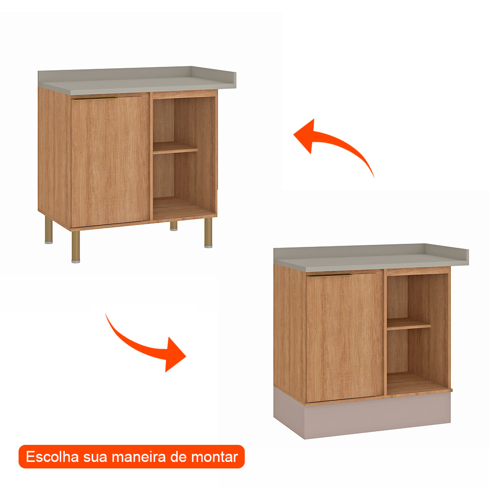 Balcão de Cozinha com Tampo Deseo 1 Porta Mel e Fendi