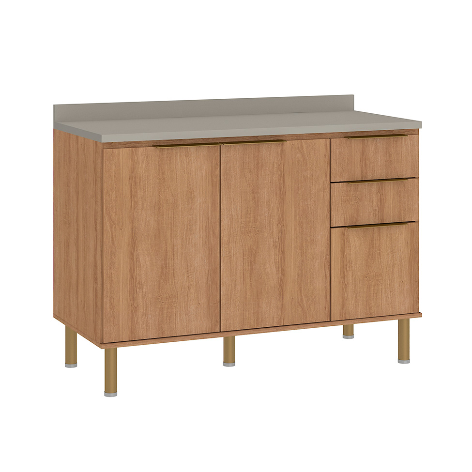 Balcão de Cozinha com Tampo Deseo 2 Portas 3 Gavetas Mel e Fendi 120 cm
