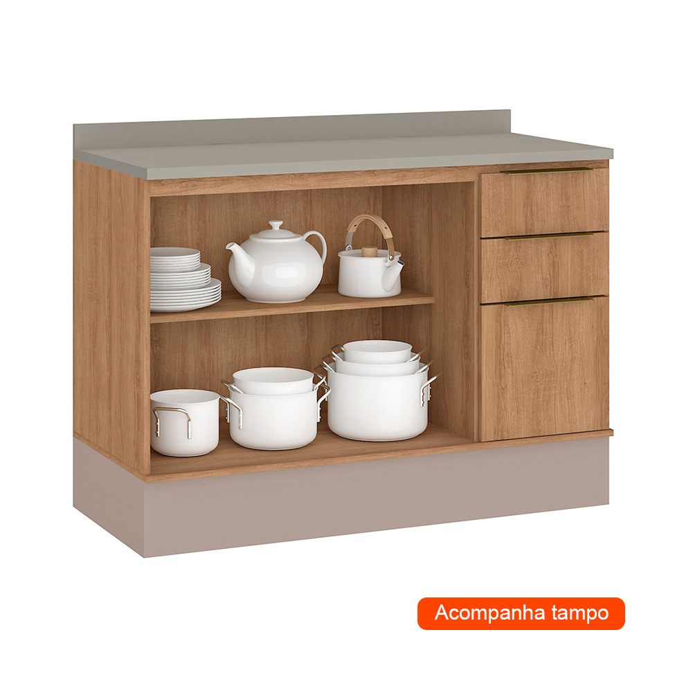 Balcão de Cozinha com Tampo Deseo 2 Portas 3 Gavetas Mel e Fendi 120 cm