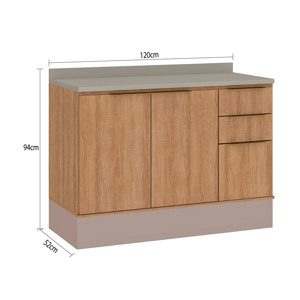 Balcão de Cozinha com Tampo Deseo 2 Portas 3 Gavetas Mel e Fendi 120 cm