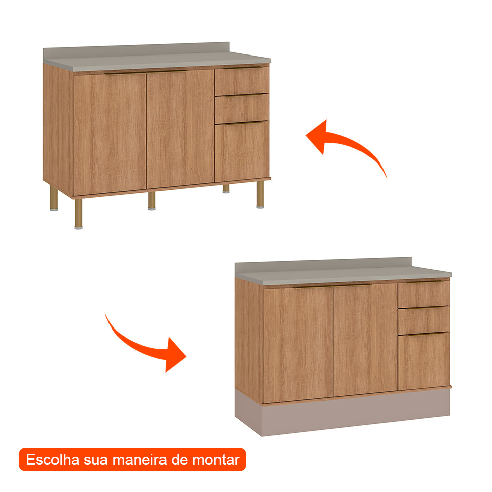 Balcão de Cozinha com Tampo Deseo 2 Portas 3 Gavetas Mel e Fendi 120 cm