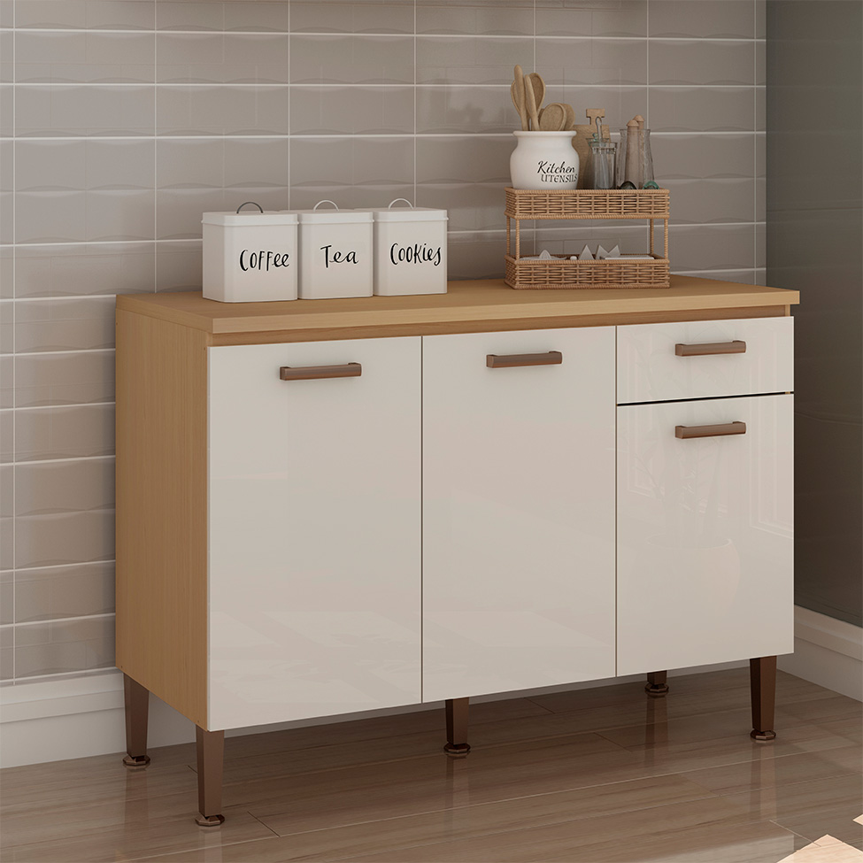 Balcão de Cozinha com Tampo Essência 100% MDF 3 Portas 1 Gaveta Freijó e Off White