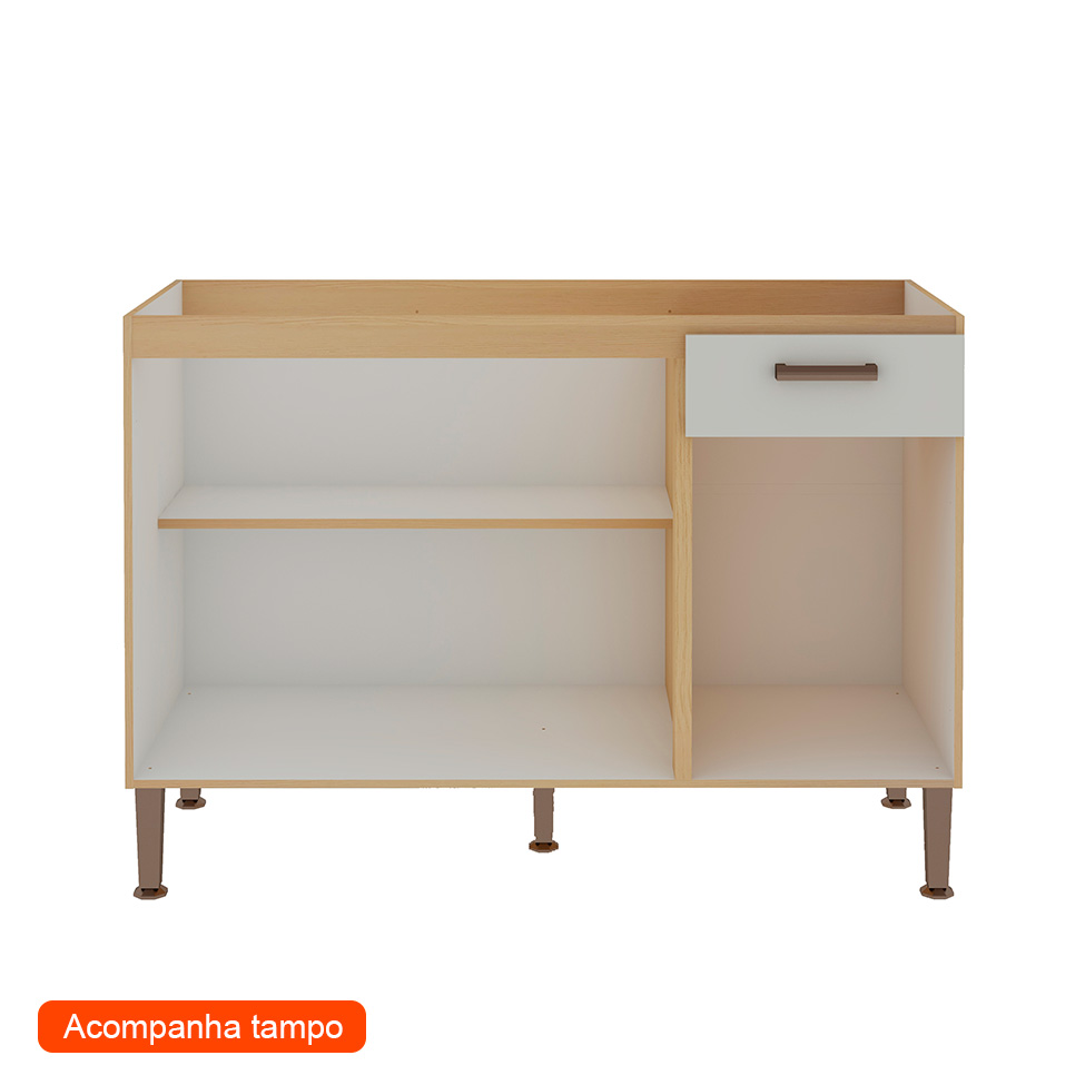 Balcão de Cozinha com Tampo Essência 100% MDF 3 Portas 1 Gaveta Freijó e Off White