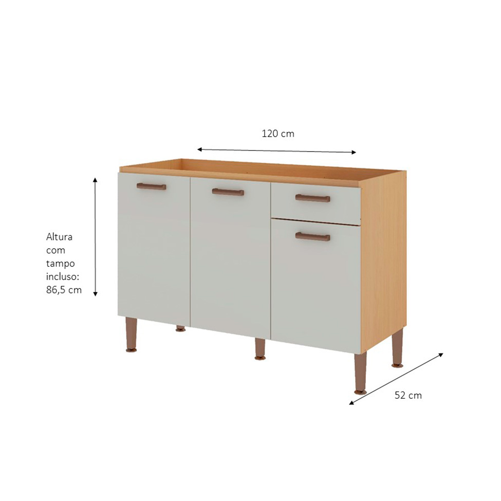 Balcão de Cozinha com Tampo Essência 100% MDF 3 Portas 1 Gaveta Freijó e Off White