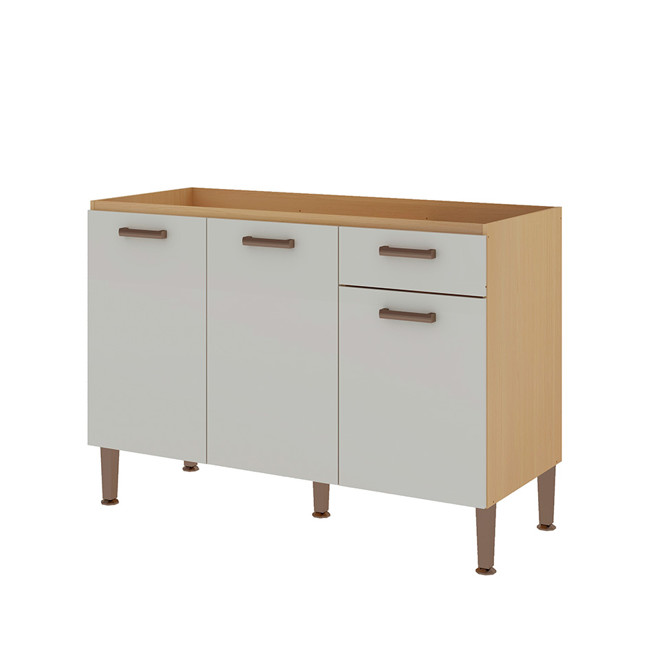 Balcão de Cozinha com Tampo Essência 100% MDF 3 Portas 1 Gaveta Freijó e Off White
