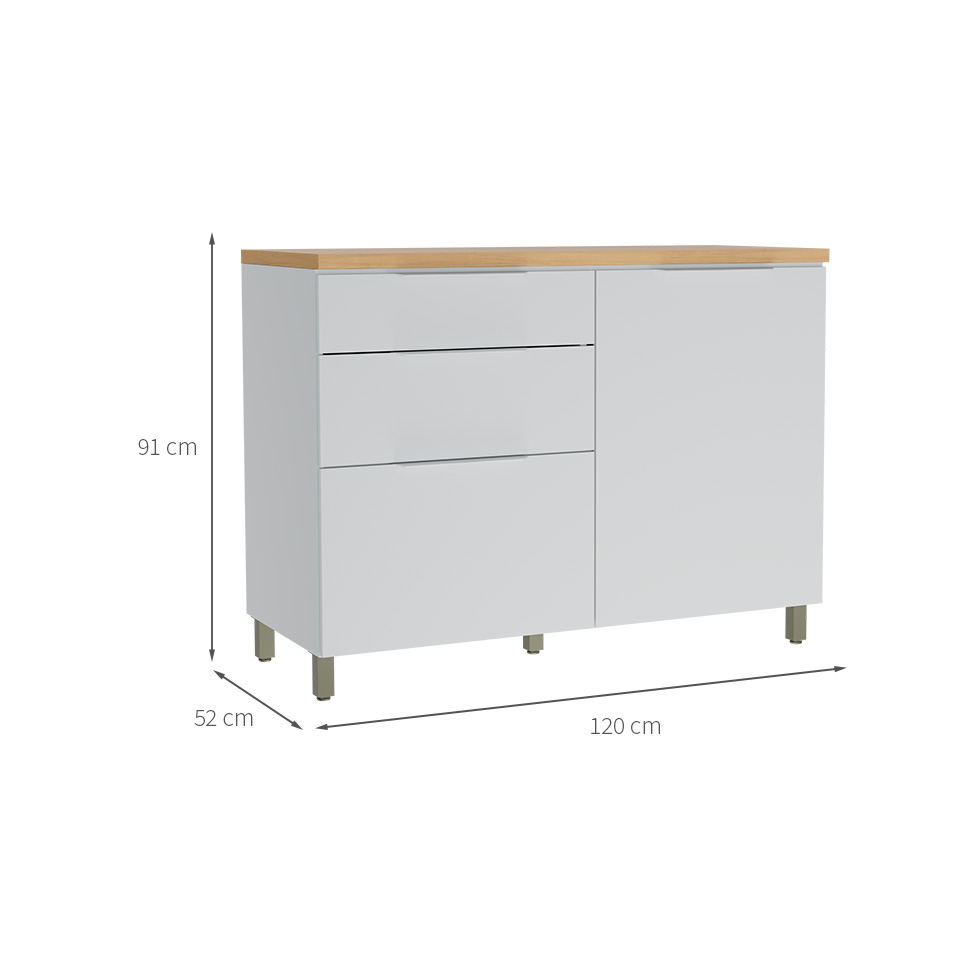 Balcão de Cozinha com Tampo Marquesa 100% MDF 1 Porta 3 Gavetas Branco e Nature