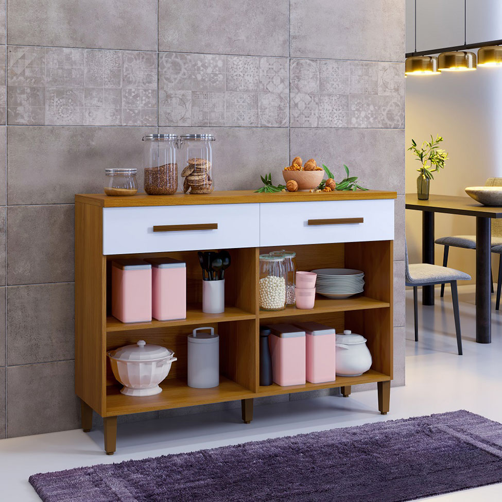 Balcão de Cozinha com Tampo Pérola 2 PT 2 GV Freijó e Branco