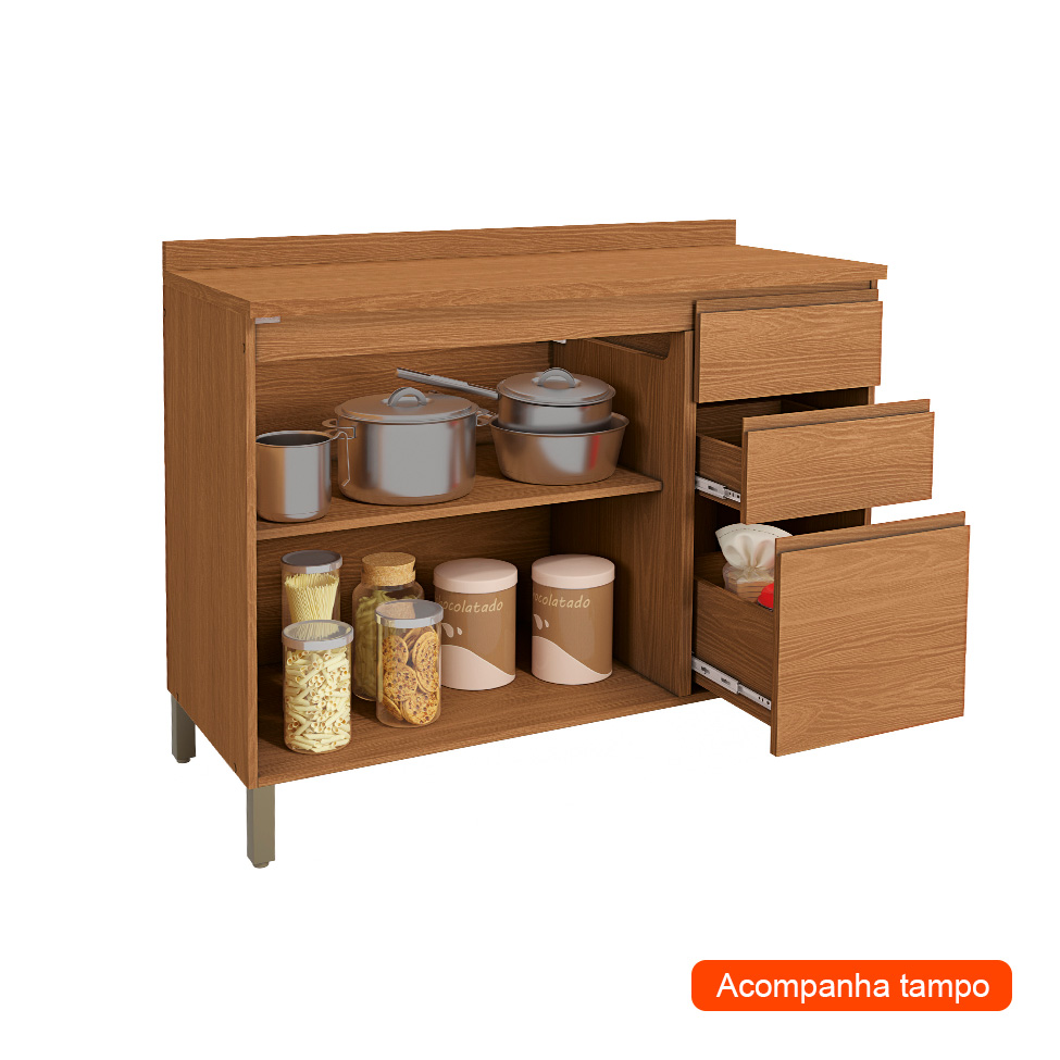 Balcão de Cozinha com Tampo Valence 2 Portas 3 Gavetas Canela