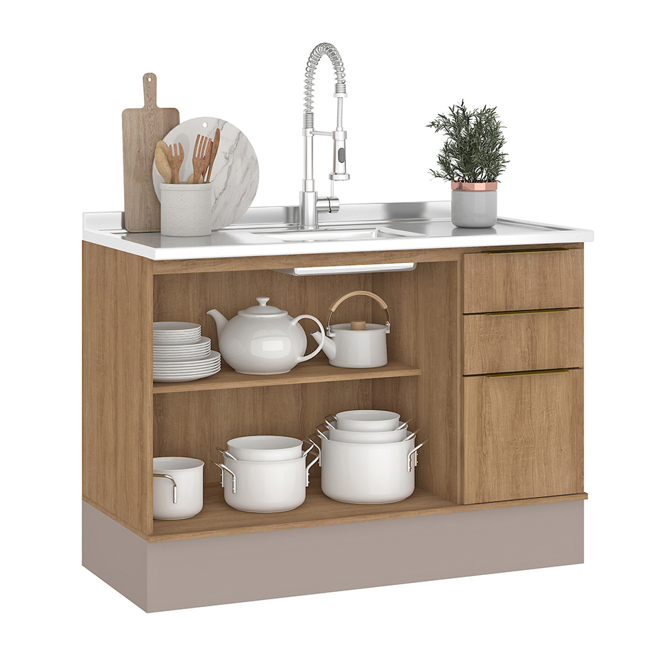 Balcão de Cozinha sem Tampo Deseo 2 Portas 3 Gavetas Mel e Fendi 120 cm