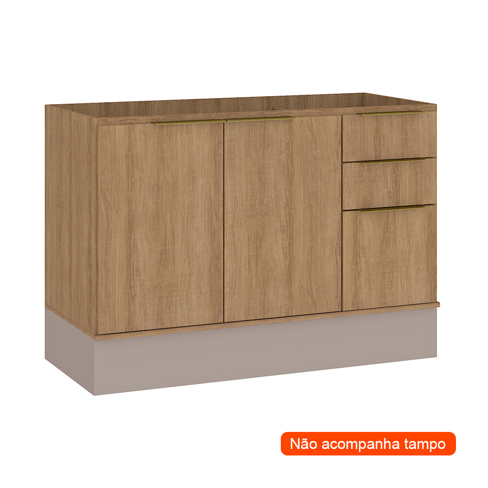 Balcão de Cozinha sem Tampo Deseo 2 Portas 3 Gavetas Mel e Fendi 120 cm
