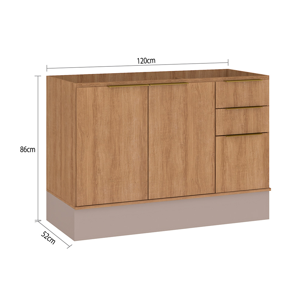 Balcão de Cozinha sem Tampo Deseo 2 Portas 3 Gavetas Mel e Fendi 120 cm