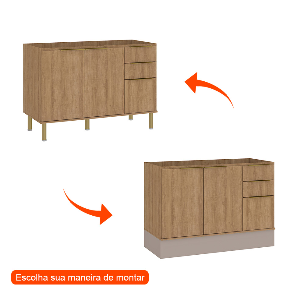 Balcão de Cozinha sem Tampo Deseo 2 Portas 3 Gavetas Mel e Fendi 120 cm