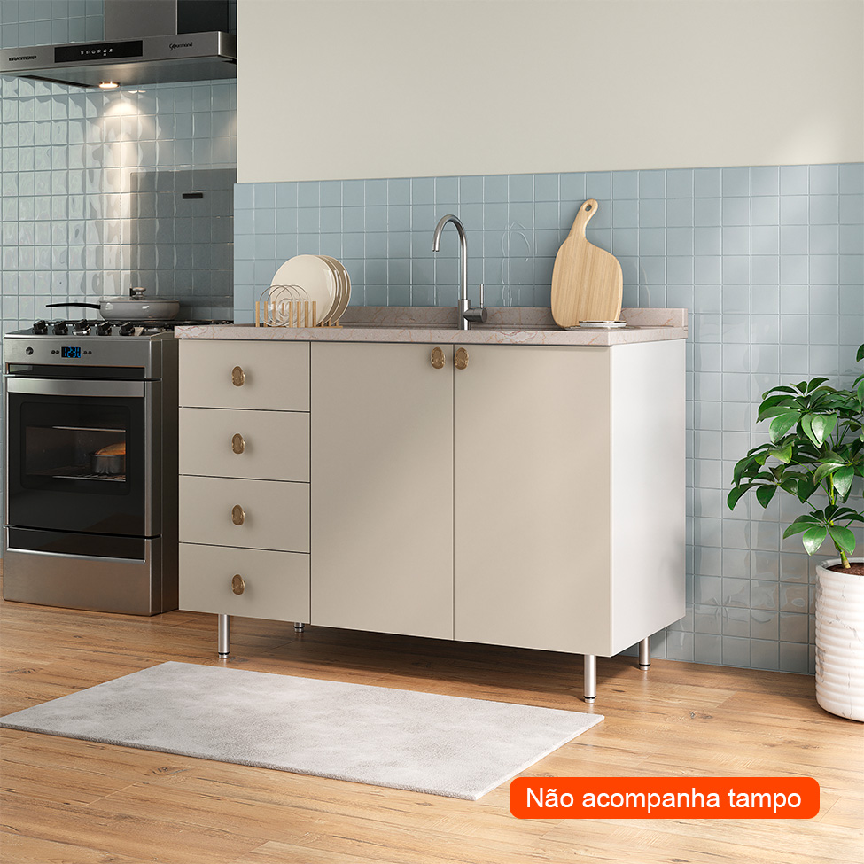 Balcão de Cozinha sem Tampo Maranello 100% MDF 2 Portas 4 Gavetas Bege