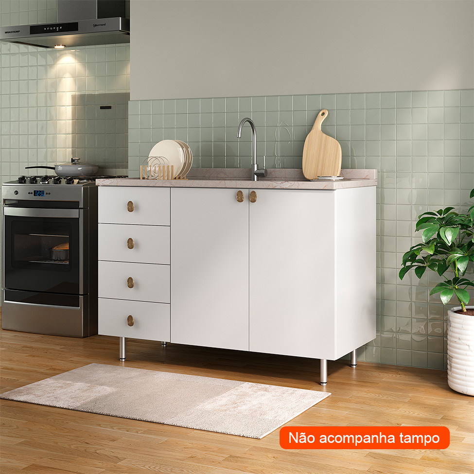Balcão de Cozinha sem Tampo Maranello 100% MDF 2 Portas 4 Gavetas Branco